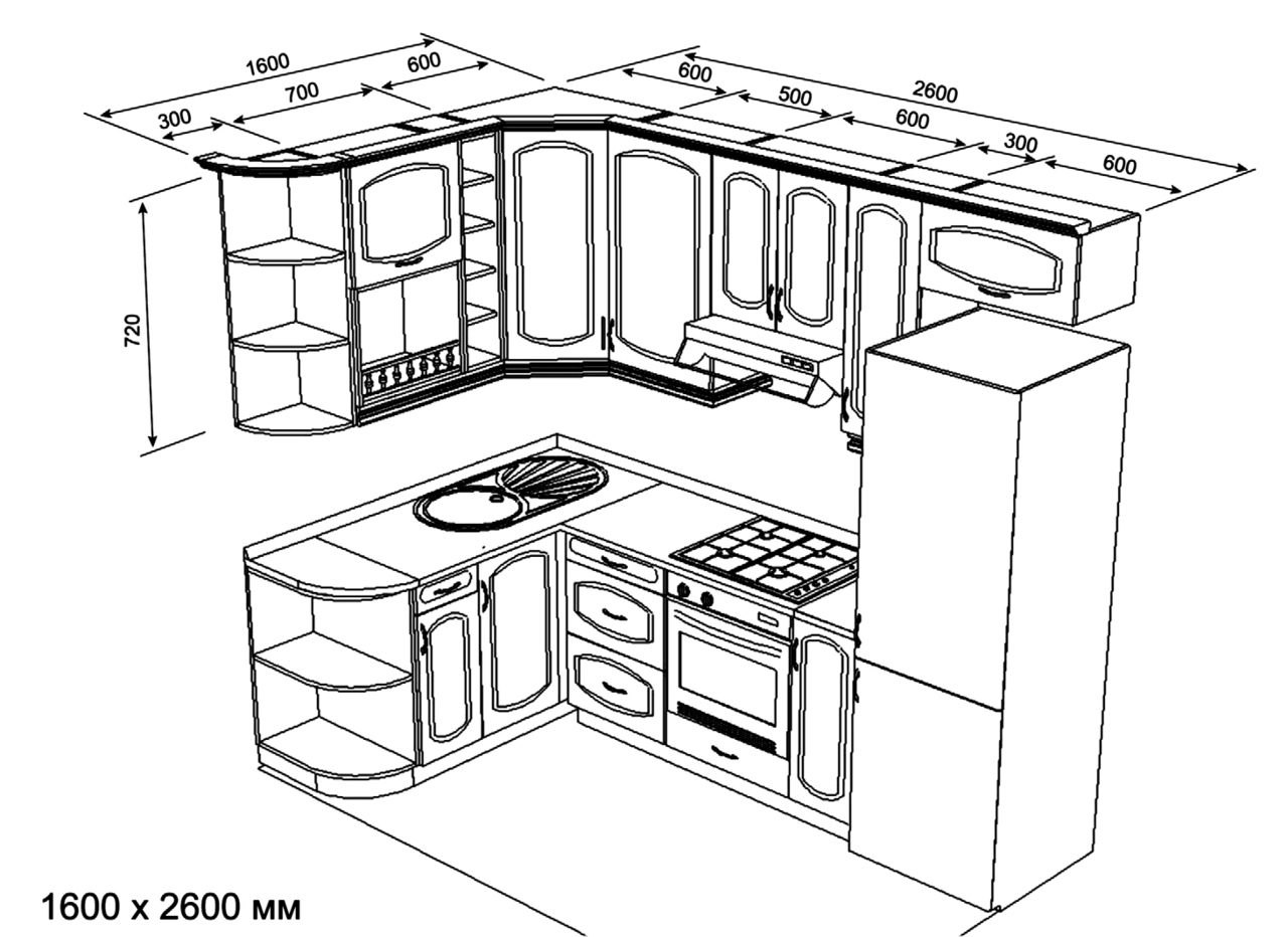 Чертеж кухни угловой 6м2