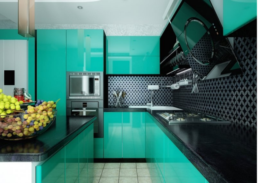 Кухни бирюзового цвета с темной столешницей (60 фото)