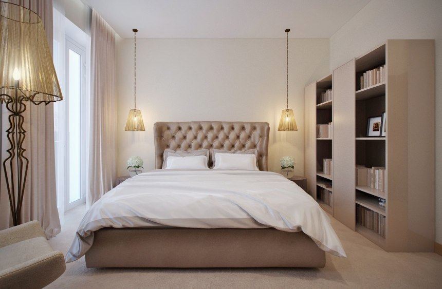 Дизайн спальни с бежевой кроватью (57 фото)