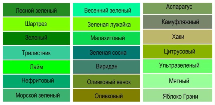 Оттенки зелёного цвета