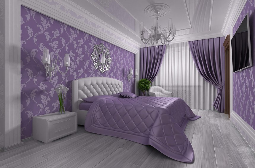 Интерьер спальни в фиолетовых тонах (53 фото)
