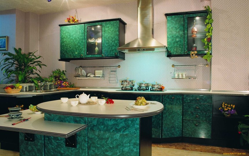 Фасады для кухни изумрудного цвета (59 фото)