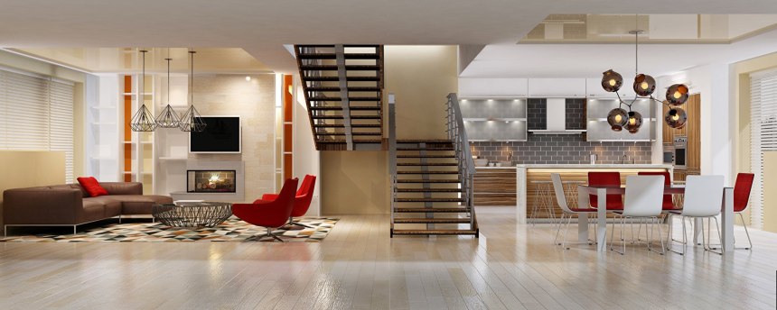 Дизайн кухни гостиной и лестницей (64 фото)