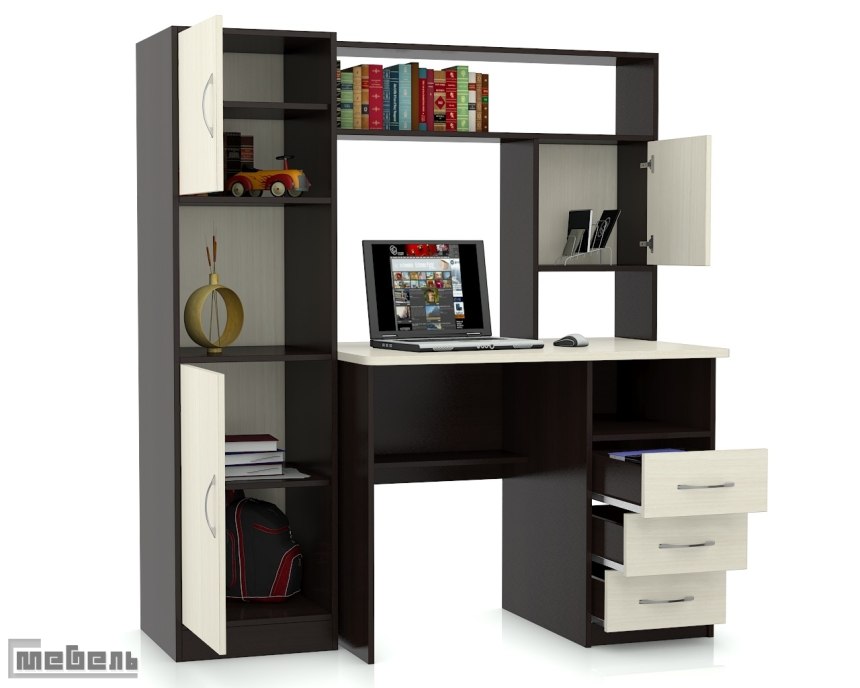 Письменный стол угловой с надстройкой и шкафчиками (40 фото)