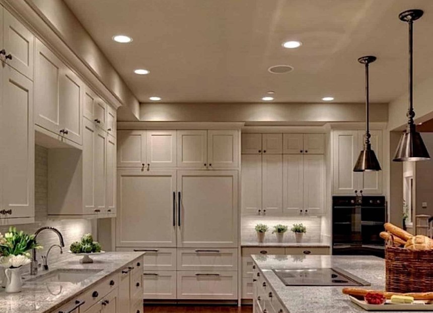 Расположение потолочных светильников на кухне (68 фото)