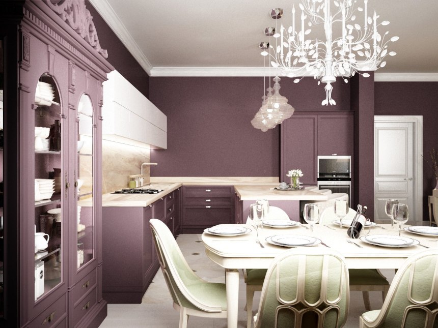 Серо сиреневый цвет в интерьере кухни (63 фото)