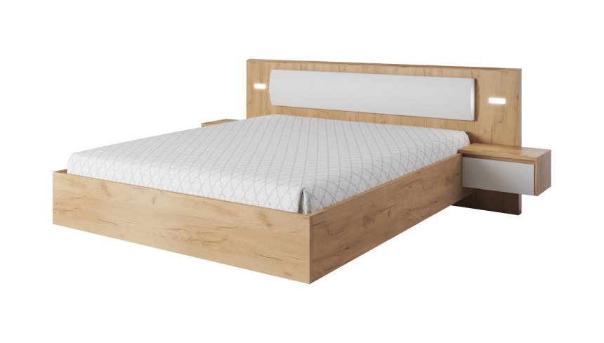 Двуспальная кровать с изголовьем с полками и тумбочками (58 фото)