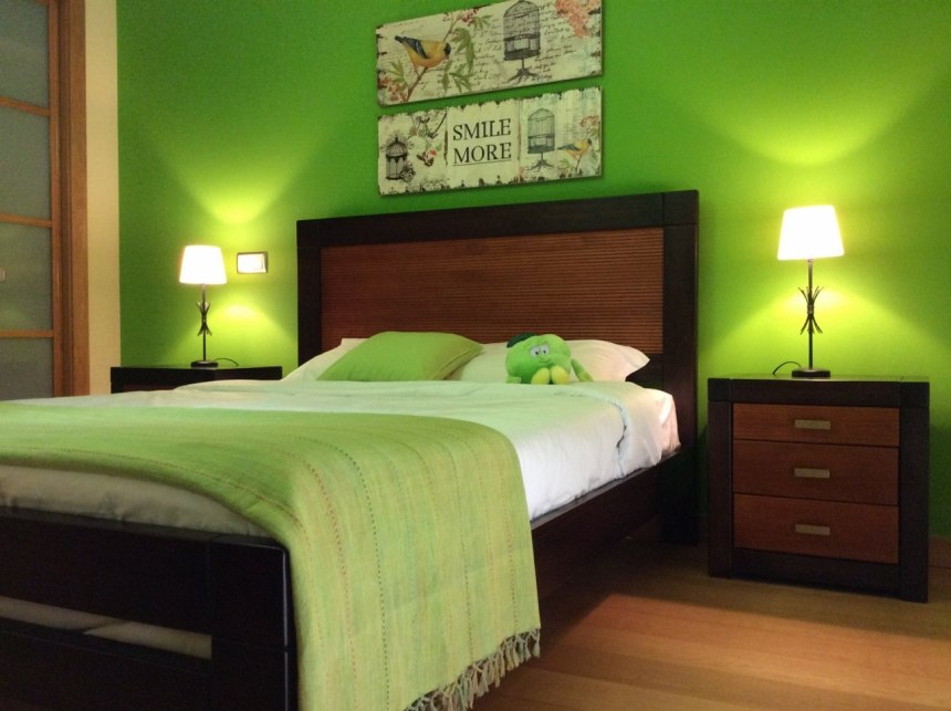 Зеленая спальня с коричневой мебелью (64 фото)