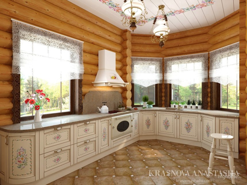 Угловая кухня в доме из бревна