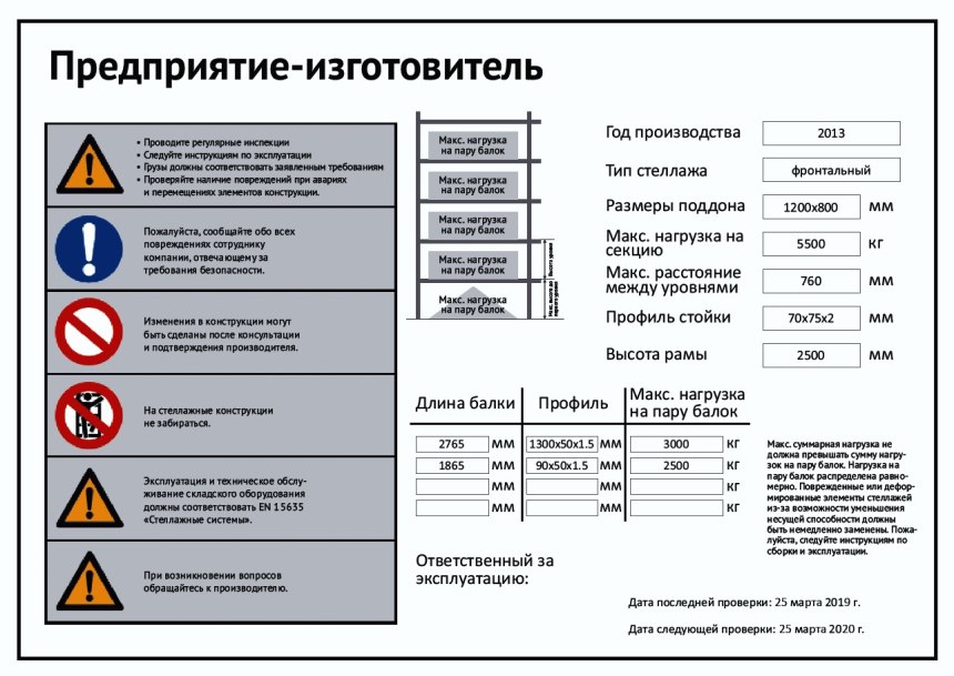 Допустимая нагрузка на стеллажи на складе таблички