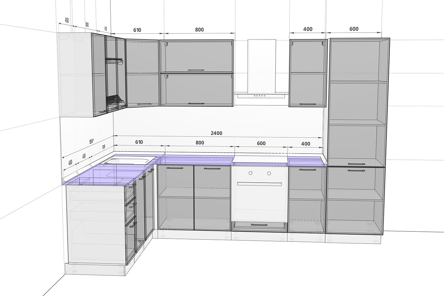 Проект кухонного гарнитура с размерами и деталировкой