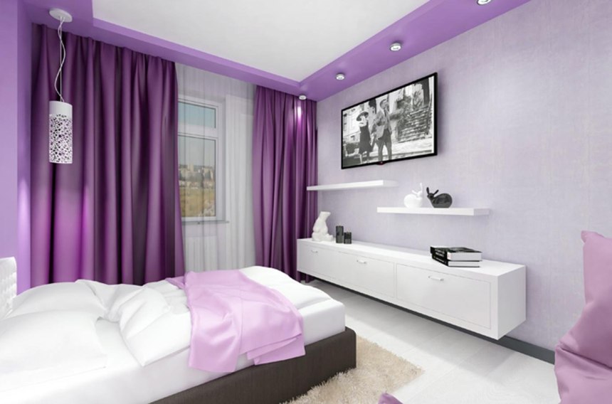 Лавандовый цвет в интерьере спальни (53 фото)
