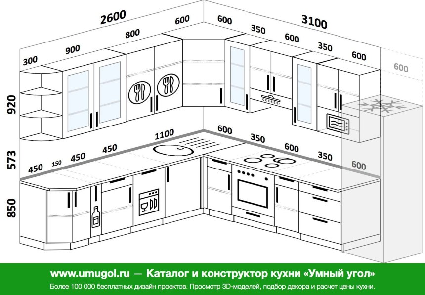 Чертеж прямой кухни с размерами 5 метров