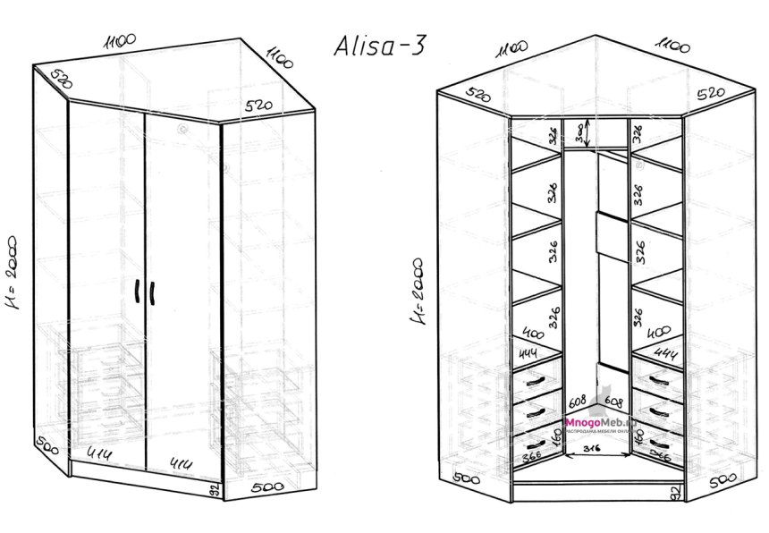 Шкаф угловой БАРОНС групп Alisa 3 чертеж